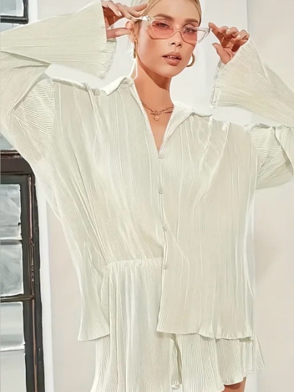 Lightweight Pleated White Button-Up Shirt and shorts